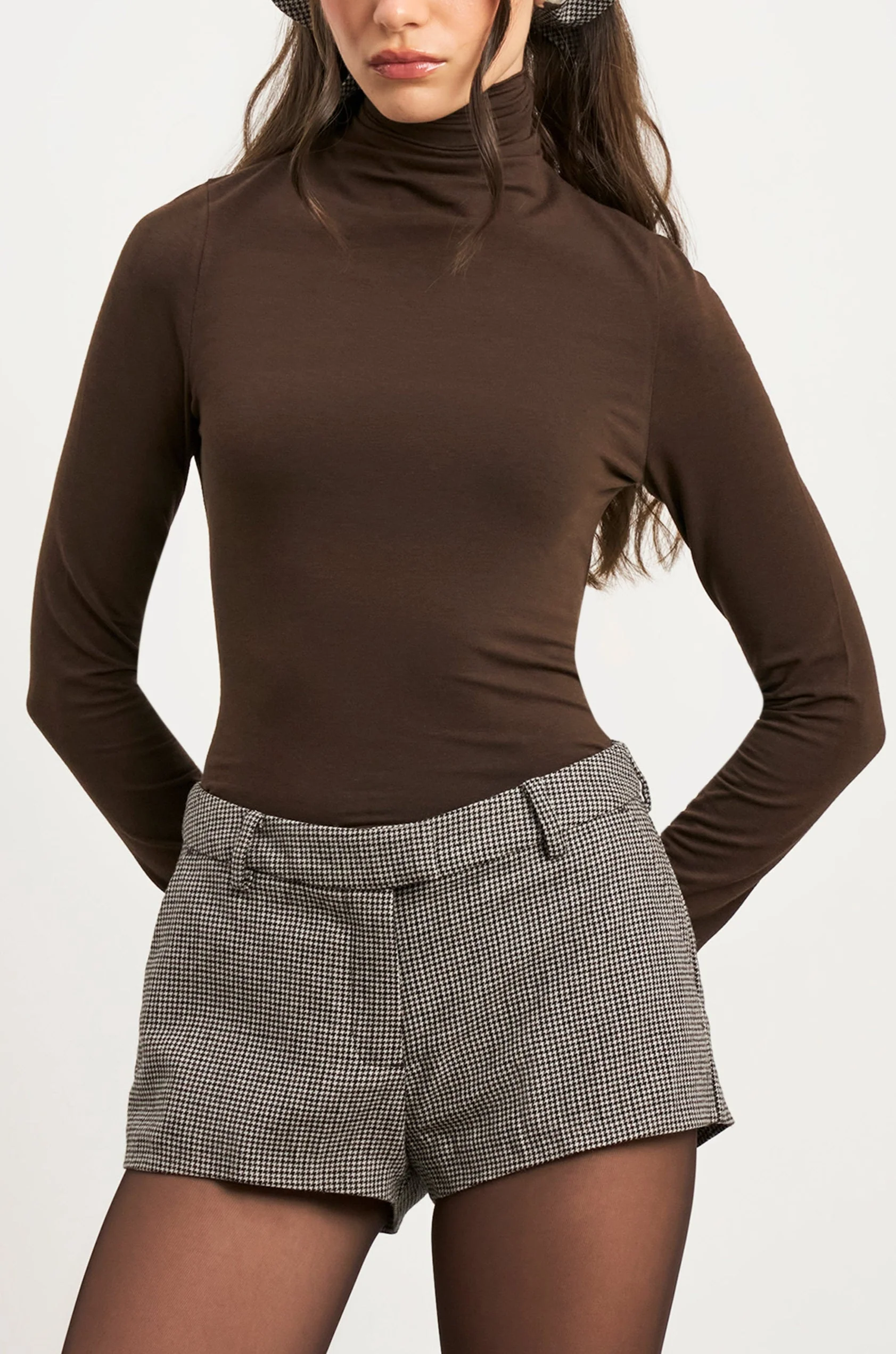 Semi Sheer High Neck Longsleeve Top - Carob - Image 3