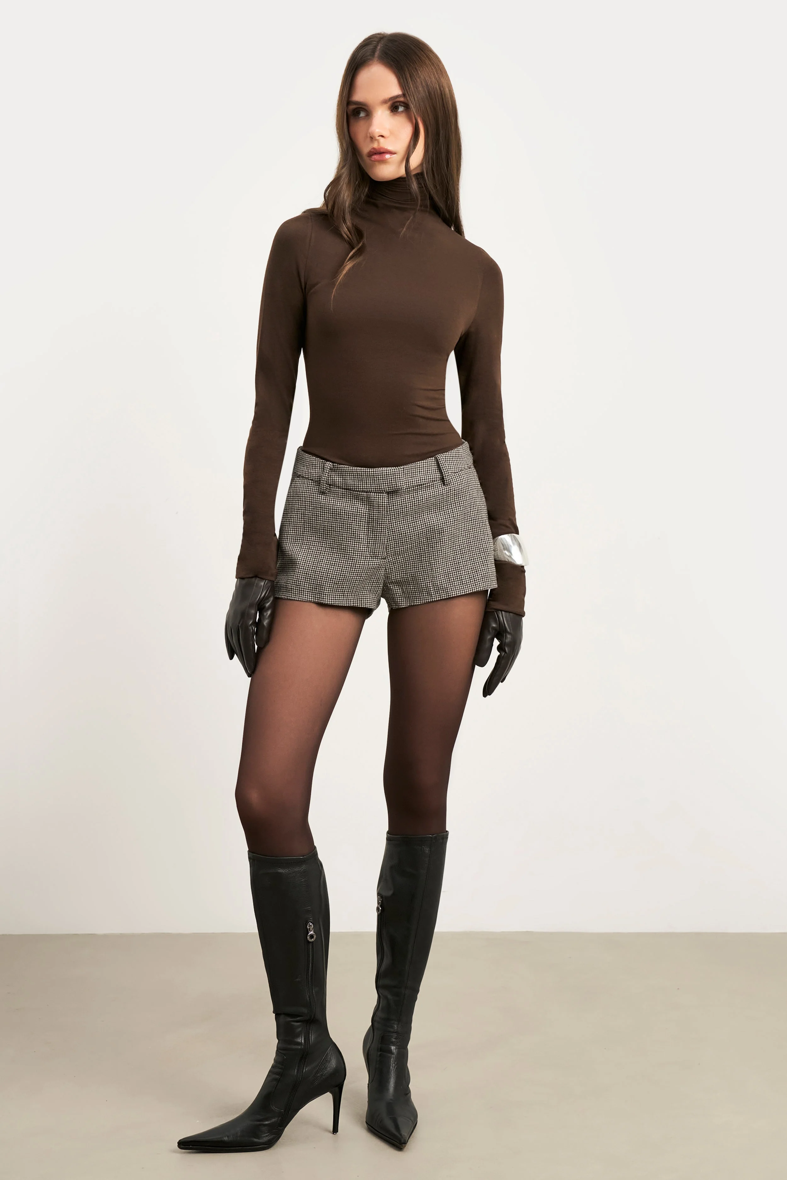 Semi Sheer High Neck Longsleeve Top - Carob - Image 4